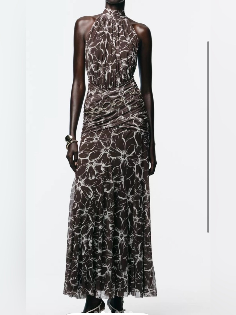 Zara Brown and White Floral Halter Maxi Dress
